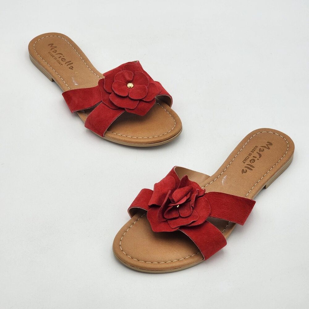 Mariella Flower Suede Leather Flat Slide On Sandals Red Made in Italy Size 7.5
